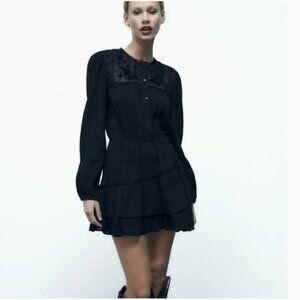 NWT Zara Black Long Sleeve Embroidered Dress Size Medium